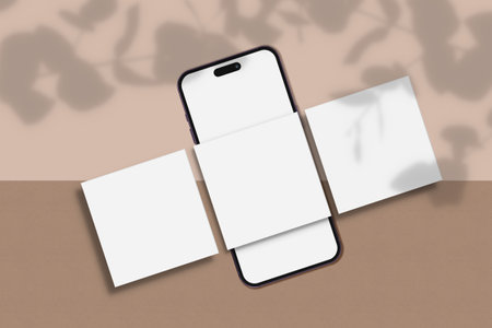 Smartphone mockup with shadow and social media post interface mockup. Social media mobile app page template design for user carousel post feed. Mobile app interface template on social networkの写真素材