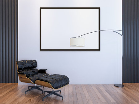 Empty picture frame mockup hanging on the wall of living room with sofa, floor lamp, parquet floor...