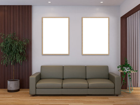 Empty picture frame mockup hanging on the wall of living room with sofa, plant decoration and wooden texture. Mockup for presentation photography, art gallery, poster, painting. Modern interior designの写真素材