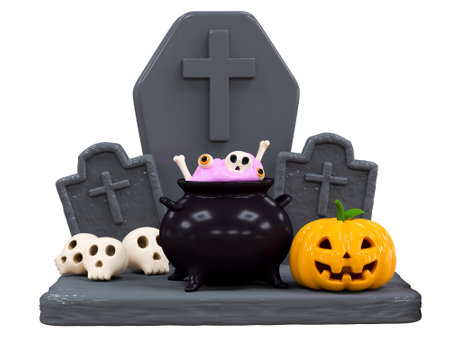 Halloween Holiday Scary Pumpkin head with Ancient RIP cemetery or tomb, witch's cauldron, skull. Happy Halloween celebration concept for banner, poster, ads, brochure, greeting card, invitationの写真素材