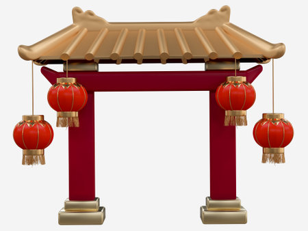 Chinese new year with 3D realistic Chinese entrance gate, red lanterns, ornaments. Chinese element for presentation, banner, Ads. Mid Autumn festival luxury concept. Year of the Snakeの写真素材