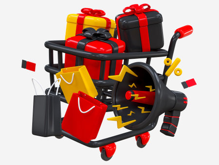 Black friday super sale. 3D elements, shopping cart, gift box, shopping bag, megaphone with lightning, percent symbol, voucher. Sale Event concept discount design for Ads, promotion banner, web posterの写真素材