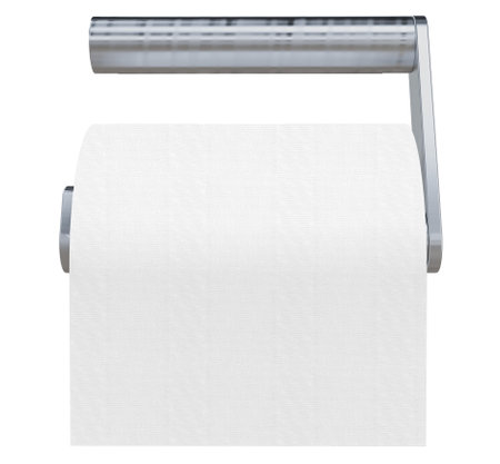A roll of white tissue paper or toilet paper mockup template hanging on a chrome toilet roll holder. Can be use for template your design, presentation, promo, adsの写真素材