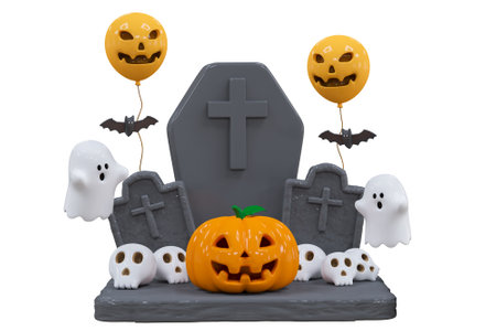 Halloween Holiday Scary Pumpkin head with Halloween tombstone, candle light, skull, cute ghost. Happy Halloween celebration concept for banner, poster, ads brochure, greeting card, party invitationの写真素材