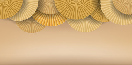 Traditional lunar new year folding gold paper fans on gold background. Chinese new year oriental asian style decoration. Concept of Happy Chinese New Year and Mid-Autumn Festivalのイラスト素材