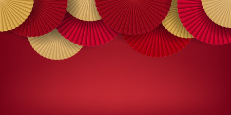 Red pedestal or podium with traditional lunar folding paper fans. Happy chinese new year festival minimal scene mockup product display. Concept of chinese style backdrop abstractのイラスト素材