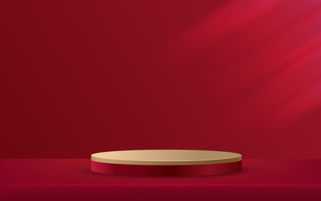Abstract red pedestal podium 3D design and dark red background. Minimal studio showroom concept presentation for product display, fashion showcase, banner cosmetic, promotionのイラスト素材