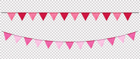 Bunting flags, carnival party triangle flag banner background. Decorative pennants hanging on a rope isolated for Celebration, Birthday, Holiday, New Year. Festive decorationのイラスト素材