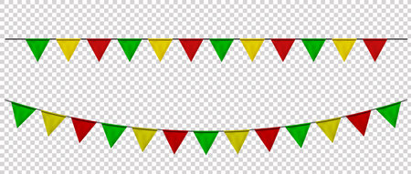 Bunting flags, carnival party triangle flag banner background. Decorative pennants hanging on a rope isolated for Celebration, Birthday, Holiday, New Year. Festive decorationのイラスト素材