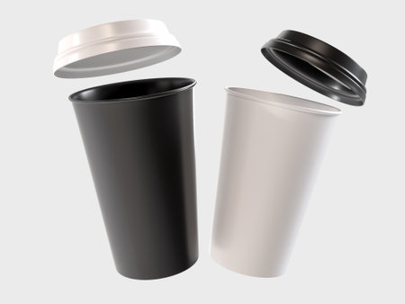 3D coffee cup mockups disposable with plastic lid. Blank plastic mugs for takeaway hot or cold beverage, milkshake, tea or coffee cups, isolated on background. Mockup packaging design for brandingの写真素材