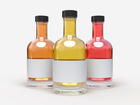 Realistic 3D glass bottle mockup, isolated with blank label, lid and liquid within. Mockups container for alcohol drink, water, liquid product, shampoo, beer, soda, vegetable oils or juice glasswareの写真素材
