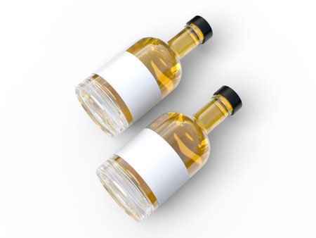 Realistic 3D glass bottle mockup, isolated with blank label, lid and liquid within. Mockups container for alcohol drink, water, liquid product, shampoo, beer, soda, vegetable oils or juice glasswareの写真素材