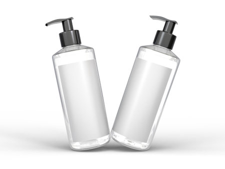 Plastic bottle container with dispenser pump. Blank product packaging mockup template on isolated for facial liquid, body spa lotion, bath product, serum, moisturizer and other hygiene cosmeticの写真素材