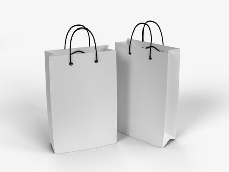 3D Realistic blank shopping bag and handle mockup. Shopping paper packaging template with copy space for supermarket, shop mall, sale merchandise products, branding and corporate identity designの写真素材
