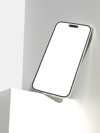 Smartphone closeup with blank screens display isolated on background. Mobile phone digital mockups on podium template for presentation branding, ads, UI, UX interface, website, gadget presentingの写真素材