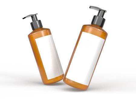 Plastic bottle container with dispenser pump. Blank product packaging mockup template on isolated for facial liquid, body spa lotion, bath product, serum, moisturizer and other hygiene cosmeticの写真素材