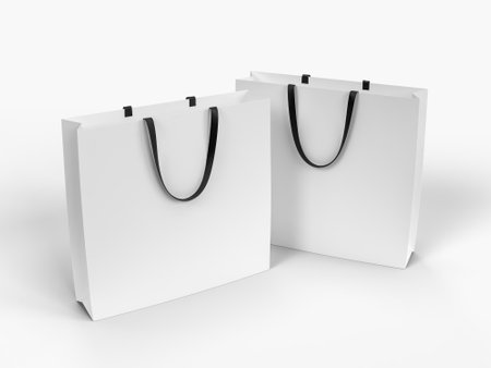 3D Realistic blank shopping bag and handle mockup. Shopping paper packaging template with copy space for supermarket, shop mall, sale merchandise products, branding and corporate identity designの写真素材