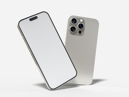 Smartphone closeup with blank screens display isolated on background. Mobile phone digital mockups template for presentation branding, ads, banner, UI, UX interface, website, gadget presentingの写真素材