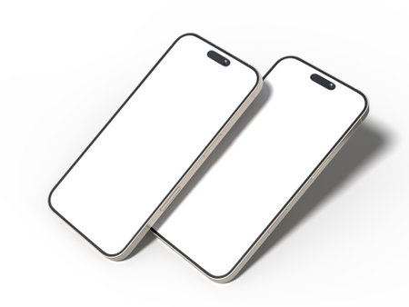 Smartphone closeup with blank screens display isolated on background. Mobile phone digital mockups template for presentation branding, ads, banner, UI, UX interface, website, gadget presentingの写真素材