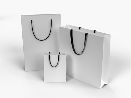 3D Realistic blank shopping bag and handle mockup. Shopping paper packaging template with copy space for supermarket, shop mall, sale merchandise products, branding and corporate identity designの写真素材