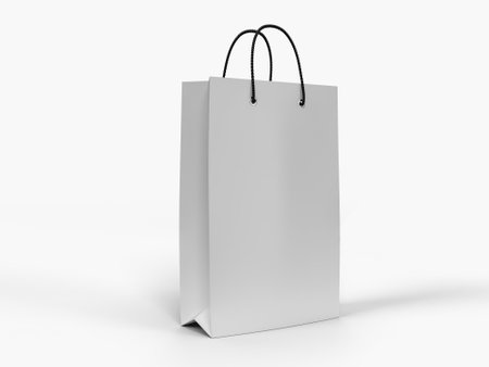 3D Realistic blank shopping bag and handle mockup. Shopping paper packaging template with copy space for supermarket, shop mall, sale merchandise products, branding and corporate identity designの写真素材