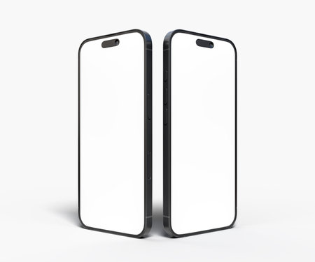 Realistic Smartphone with blank screens display isolated on background. Mobile phone digital mockups template for presentation branding, ads, banner, UI, UX interface, website, gadget presentingの写真素材