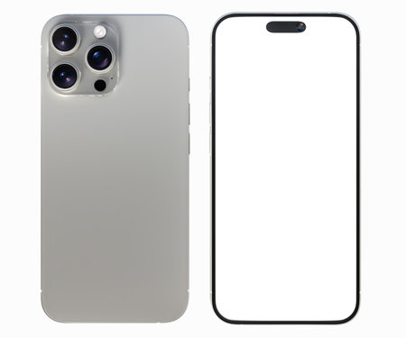 Smartphone closeup with blank screens display isolated on background. Mobile phone digital mockups on podium template for presentation branding, ads, UI, UX interface, website, gadget presentingの写真素材