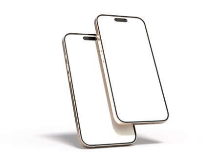 Smartphone closeup with blank screens display isolated on background. Mobile phone digital mockups template for presentation branding, ads, banner, UI, UX interface, website, gadget presentingの写真素材
