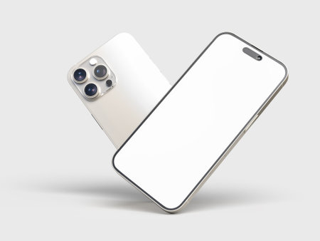Smartphone closeup with blank screens display isolated on background. Mobile phone digital mockups template for presentation branding, ads, banner, UI, UX interface, website, gadget presentingの写真素材