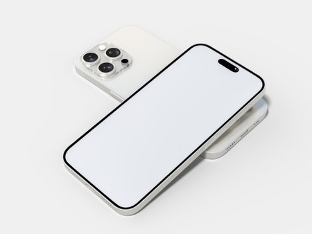 Smartphone closeup with blank screens display isolated on background. Mobile phone digital mockups template for presentation branding, ads, banner, UI, UX interface, website, gadget presentingの写真素材