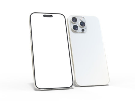 Smartphone closeup with blank screens display isolated on background. Mobile phone digital mockups template for presentation branding, ads, banner, UI, UX interface, website, gadget presentingの写真素材