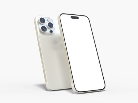 Smartphone closeup with blank screens display isolated on background. Mobile phone digital mockups template for presentation branding, ads, banner, UI, UX interface, website, gadget presentingの写真素材