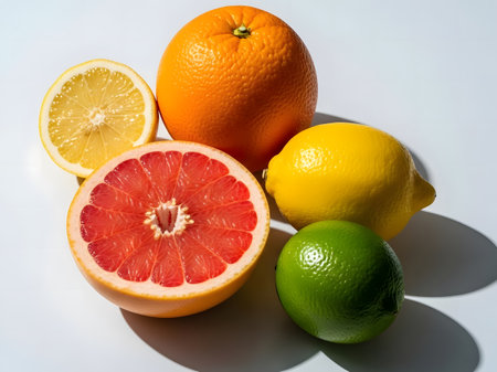 Citrus fruits on a white background. Lemons, grapefruits and oranges.の素材