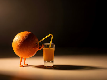Funny orange with a glass of orange juice on a dark backgroundの素材