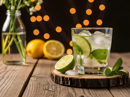 Cocktail mojito with lime and mint on wooden backgroundの素材