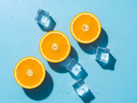 Slices of orange and ice cubes on a blue background.の素材