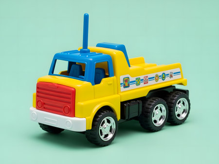 toy truck isolated on a blue background. 3d rendering.の素材