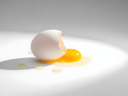 Broken egg with yolk on white background, 3d renderの素材