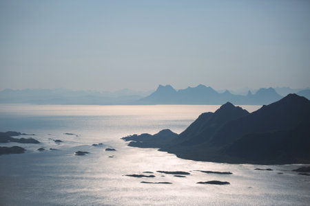 Beautiful landscape of the sea and mountains in the morning, Norwayの写真素材
