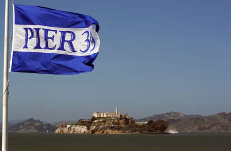 Alcatraz Island and Pier 39 Flagのeditorial素材