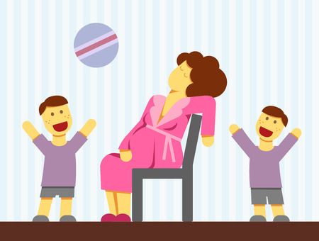 A flat image of a pregnant woman being tired with older childrenのイラスト素材