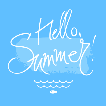 A square vector with a hello summer freehand text. A summer illustration with waves and fish.のイラスト素材