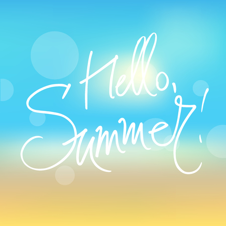 A square vector image with a blurred background and a freehand text hello summer.のイラスト素材