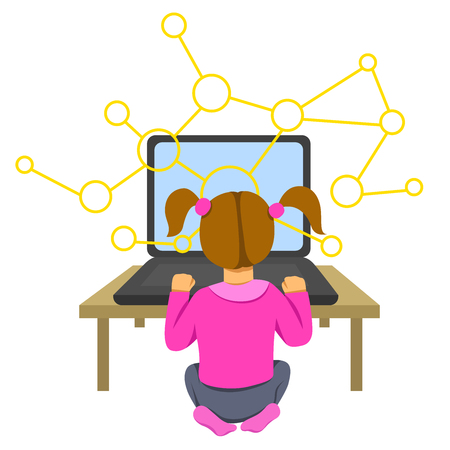 A vector isolated image of a girl sitting at the desk and coding on the laptop making a block chain. IT for children illustration.のイラスト素材