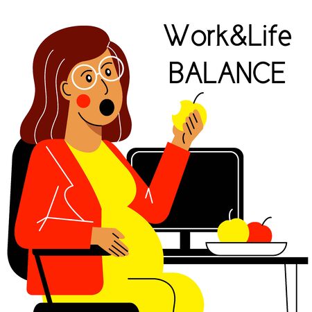 A square flat vector image of a pregnant woman eating in the office. Life and work balance. A woman making career. のイラスト素材
