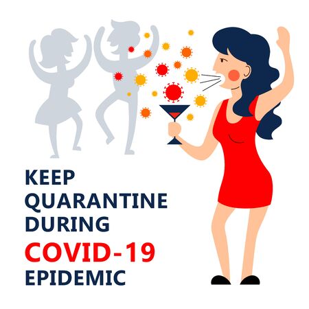 A square vector image with an infected girl being on the party in the public place. Keep quarantine during the coronavirus epidemic.のイラスト素材
