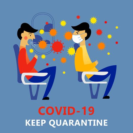 A square vector image with an infected man being in the airplane. Keep quarantine during the coronavirus epidemic.のイラスト素材