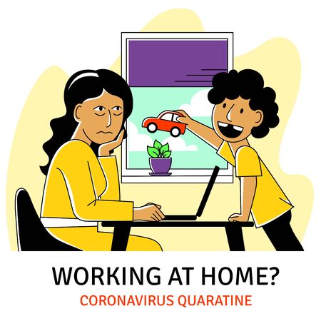 A square vector image of a woman working at home with her child near. A home office during coronavirus quarantine.のイラスト素材
