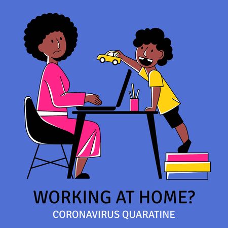 A square vector image of a black woman working at home with her child near. A home office during coronavirus quarantine.のイラスト素材