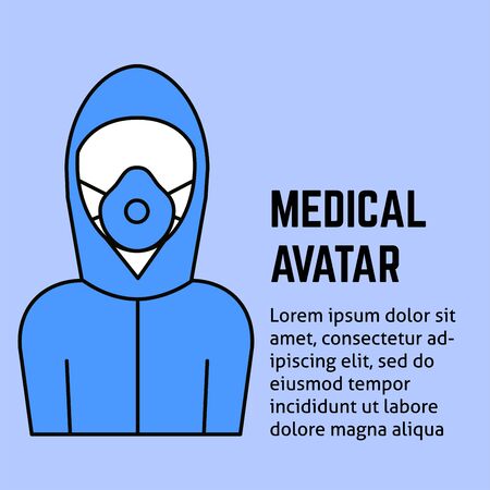 A vector square design with an avatar of a medic in a protective clothing. Coronavirus epidemic illustration for flyer, poster template.のイラスト素材